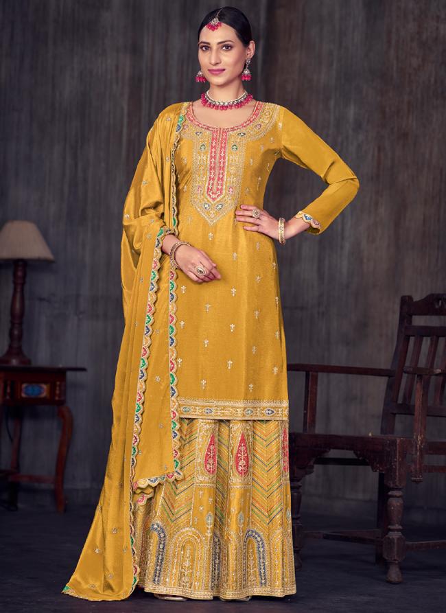 Chinnon Silk Yellow Festival Wear Embroidery Work Readymade Palazzo Suit